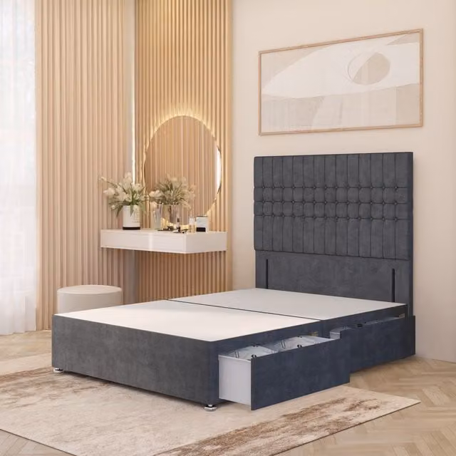 Somnior Beds Ltd Lexington Divan Bed Base with 54 inch Floor Standing Headboard in Grey Plush Velvet with Drawers, W/D/H: 90 x 190 cm