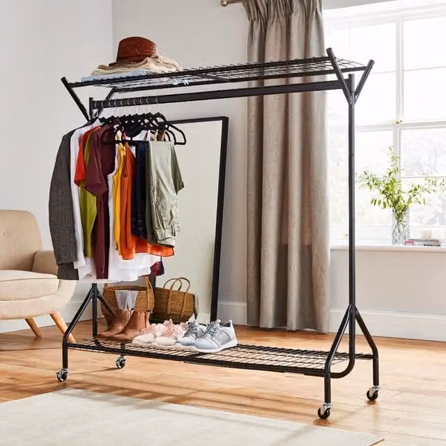 House of Home Heavy Duty Metal Clothing Rail with Shelves and Wheels in Matt Black, W/H: 152.4 x 121.92 cm – 1