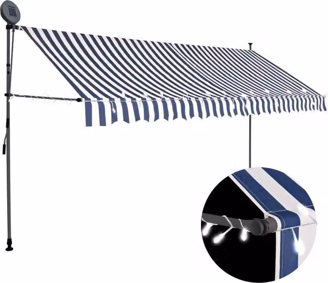 Berkfield Home Manual Retractable Awning with LED, Blue and White Striped Polyester and Steel – 1