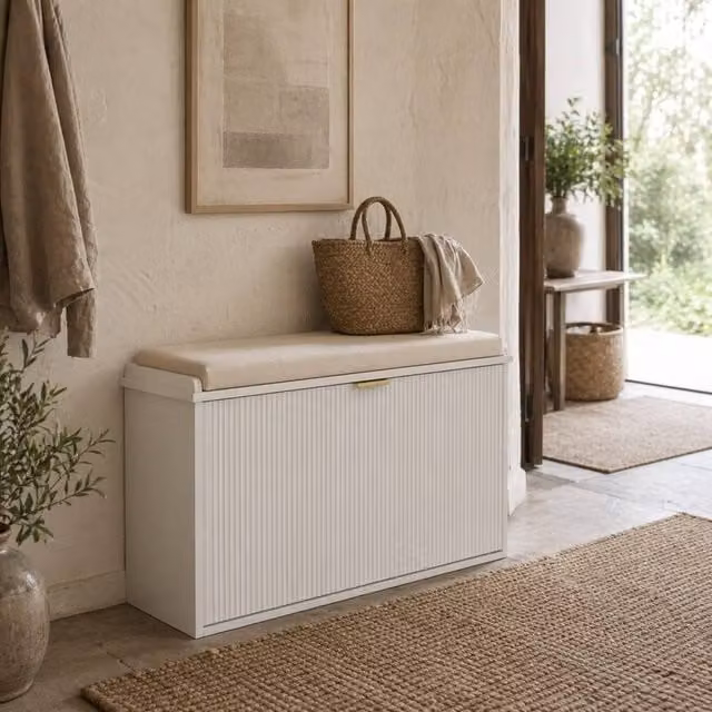 Wyld Haus Lidito White Shoe Storage Bench with Cushioned Top, W/D/H: 80 x 47.5 x 26 cm – 1