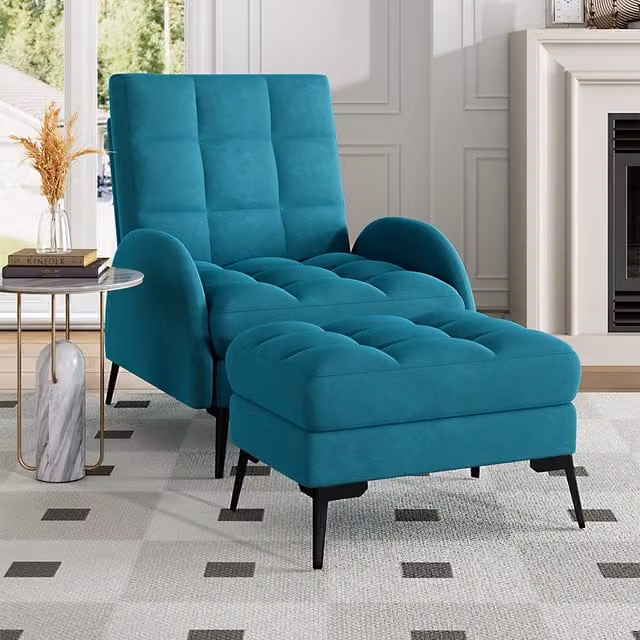 Livingandhome Velvet Upholstered Armchair with Ottoman in Turquoise