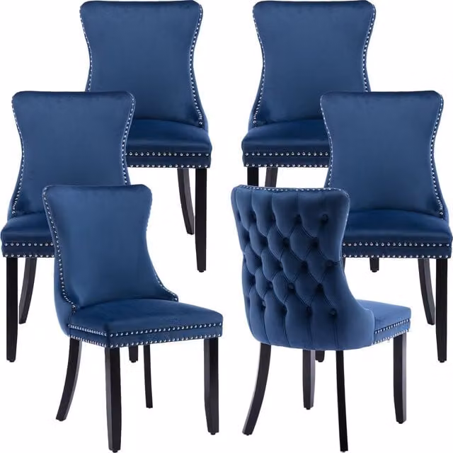 HomeTouch Sierra Set of 6 Blue Velvet Tufted Wing Back Dining Chairs with Oak Wood Legs – 1