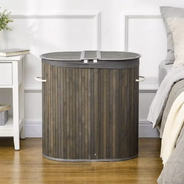 STILVORA 100 L Laundry Basket with Lid and 2 Compartments in Grey – 1