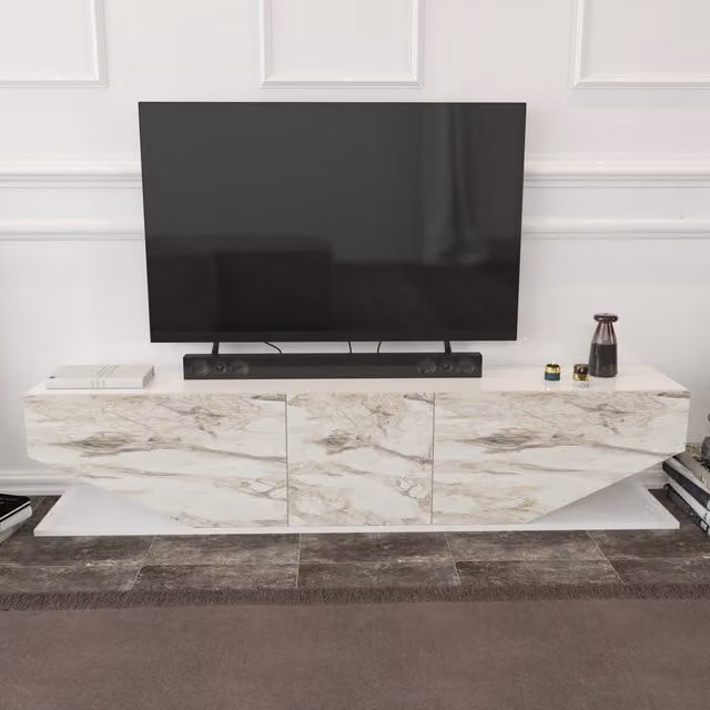 Decorotika Pearl Modern White TV Unit with Glossy Finish and Media Compartments