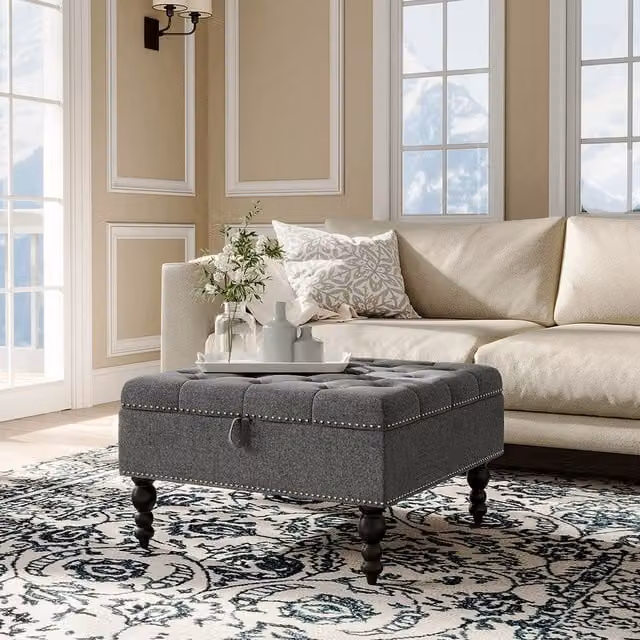 Livingandhome Grey Linen Rectangular Storage Ottoman with Upholstered Wood Frame