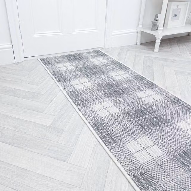runrug Plaid Grey Reversible Indoor/Outdoor Carpet Runner Rug, W: 60 cm, L: 150 cm
