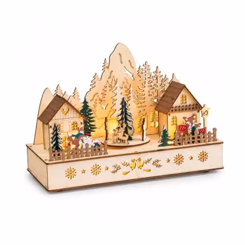 Samuel Alexander Rustic Wooden Christmas Village Tabletop Decoration with LEDs, White and Brown – 3