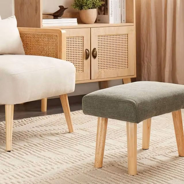 Wyld and Coco Retro Green Fabric Footstool with Oak Legs W/D/H: 34.0 x 30.0 x 34.0 cm