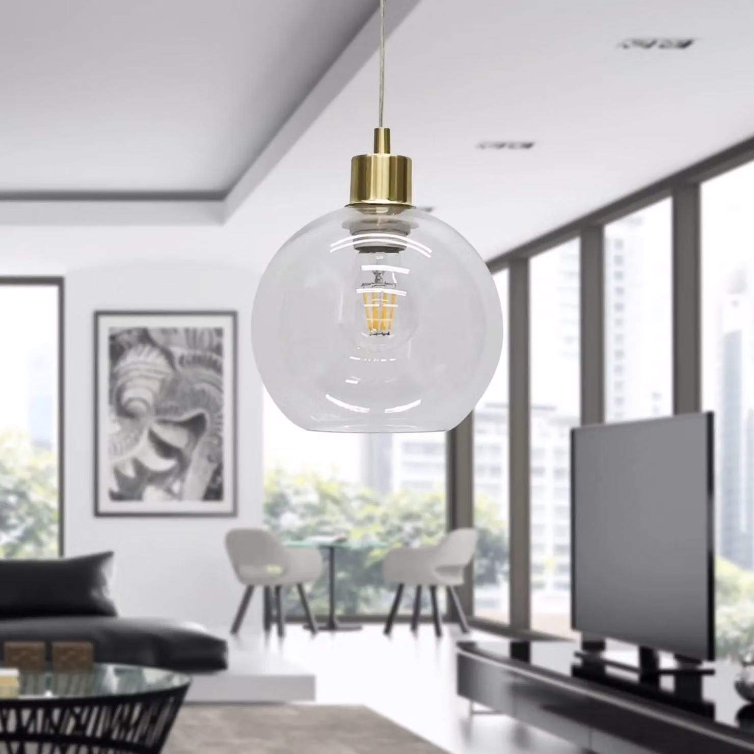 First Choice Lighting Barnum Set of 2 Pendant Lights with Transparent Glass Globes and Gold/Brass Fittings – 2