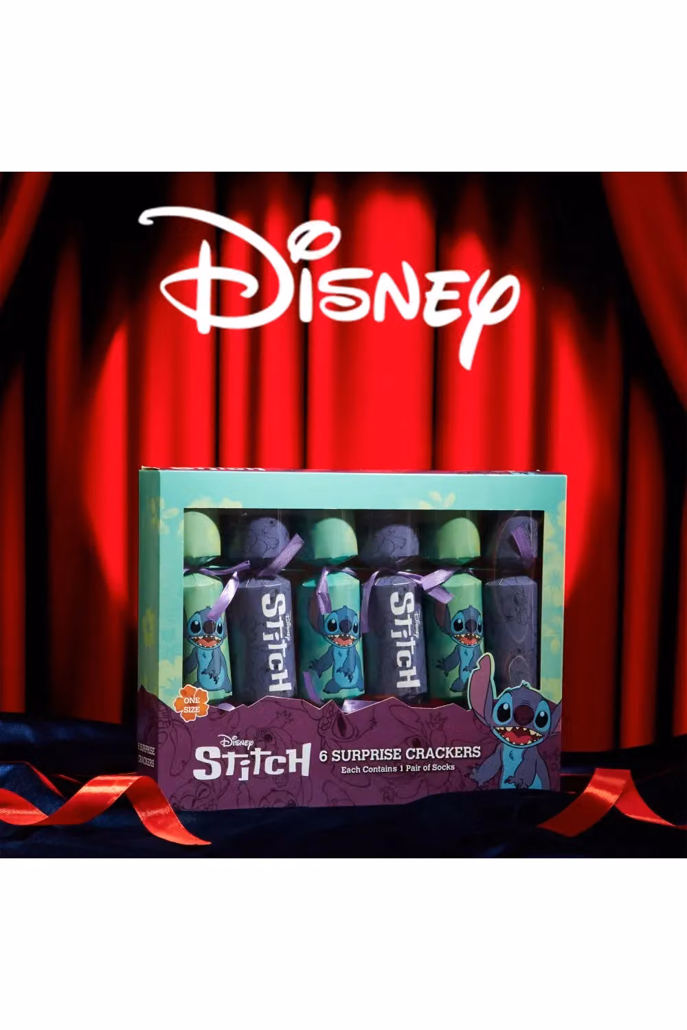 Disney Stitch Luxury Christmas Crackers, Pack of 6 Multicolour Party Crackers with Adult Socks for You – 7