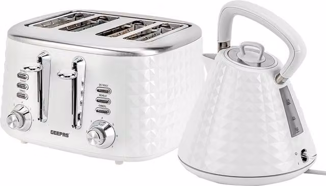 Geepas Argyle Matching 1.5L Cordless Jug Kettle and 4 Slice Toaster Set in White