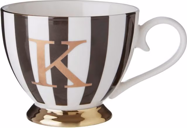 Orsina Duchess Striped Monogram Bone China Mug in Black, White and Gold