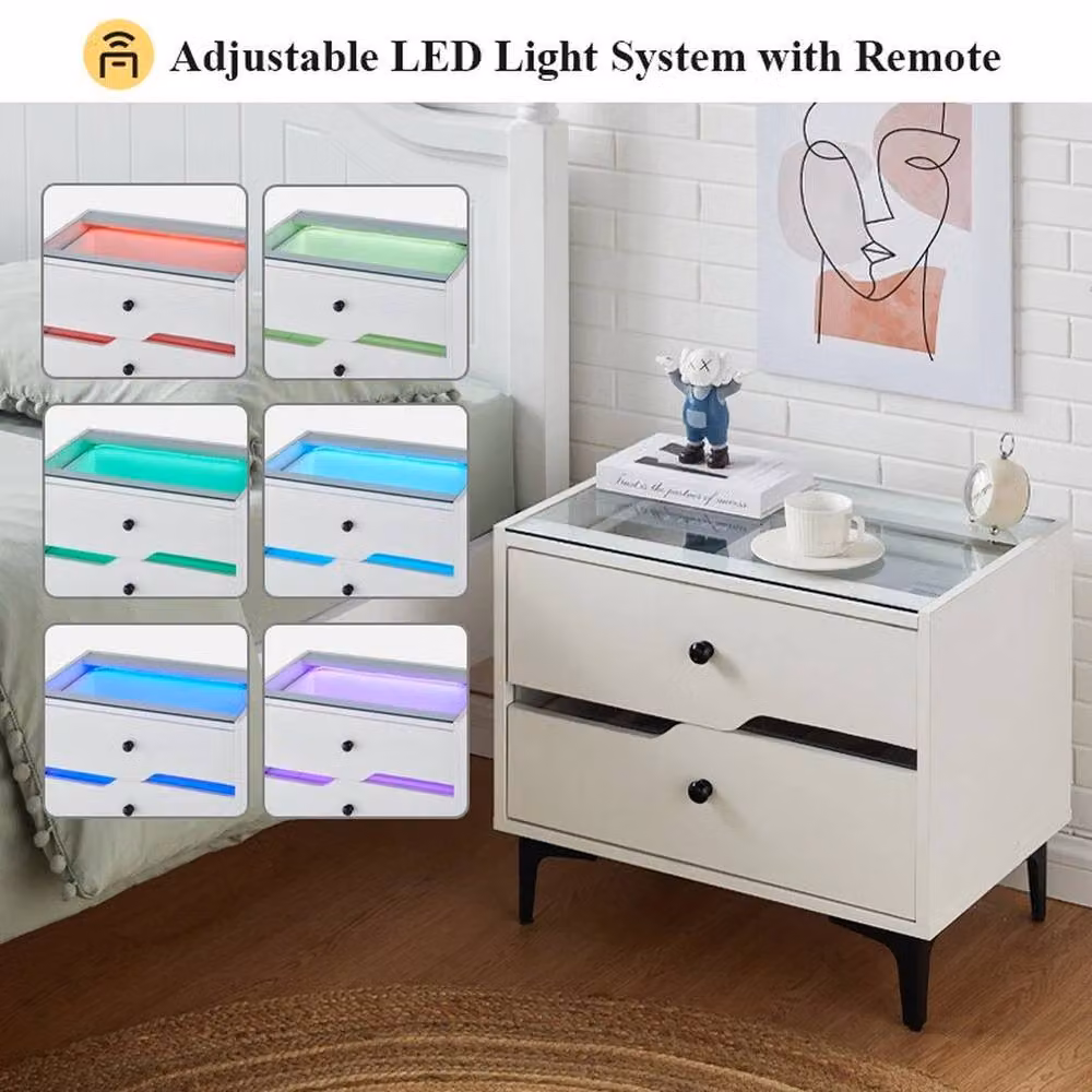 FLAVORA White High Gloss LED Bedside Table with 2 Drawers – 2
