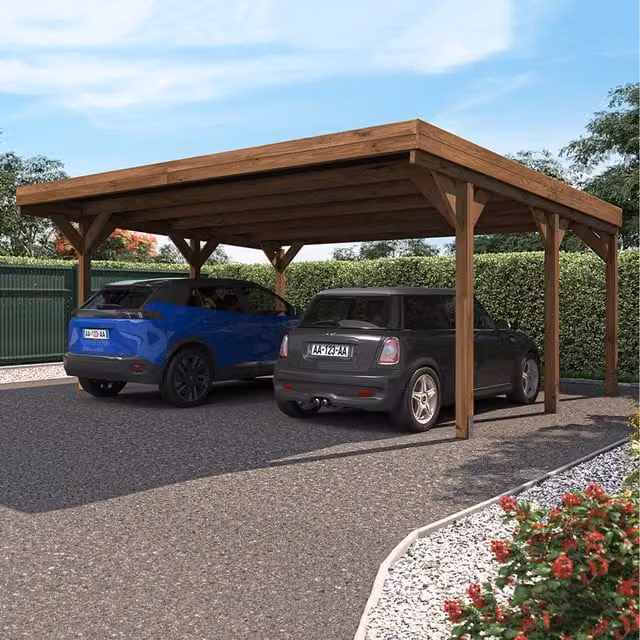Cerland Victor Double Wooden Carport in Brown with Polycarbonate Roof and Bolt Down Feet
