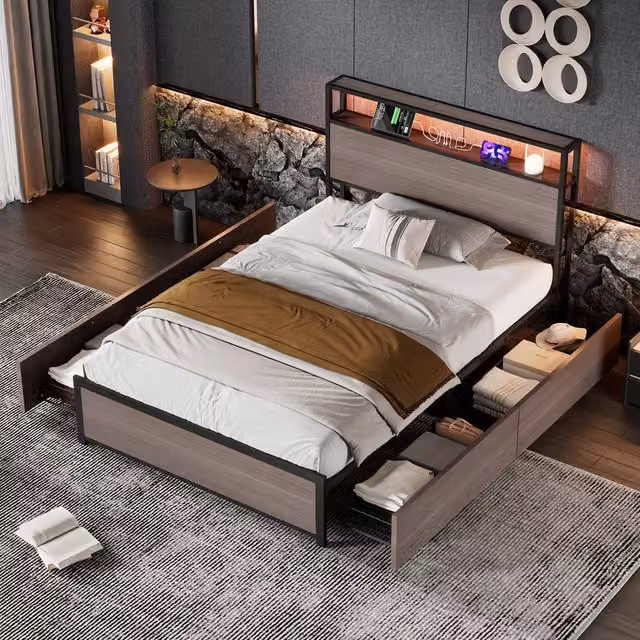 ModernLuxe Metal Single Bed in Grey with LED Strip, USB Charging Port and 4 Drawers, W/D/H: 90 x 190 x 105 cm – 1