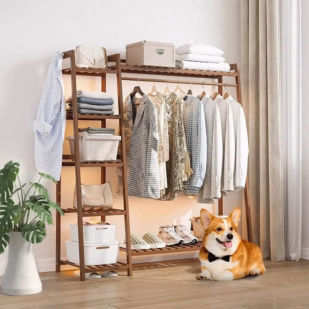 KORVIXA Heavy Duty Bamboo Clothes Rail in Natural Brown, Width: 90 cm – 2