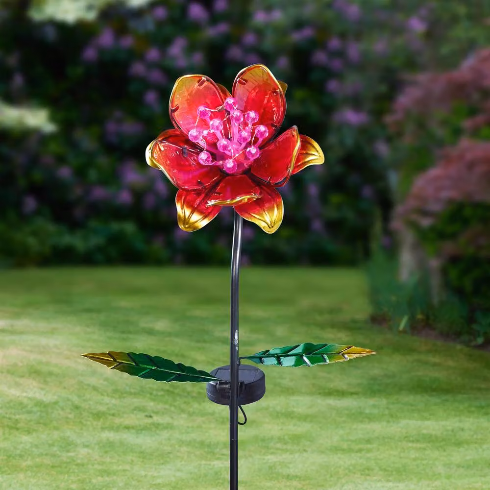 mysmartbuy Solar Floral Garden Stake Light with Pink Multicolour Hand-Painted Glass Petals and Cool White LED Bulbs – 3