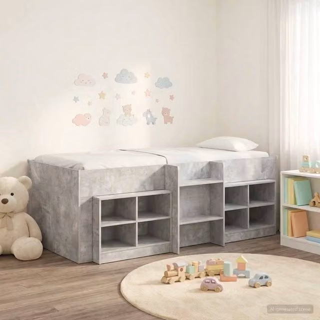 Berkfield Home Loft Bed Frame with Cabinet in Concrete Grey Engineered Wood