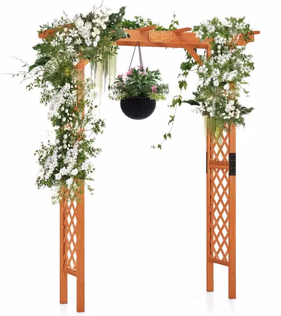 Costway Brown Lacquered Wood Outdoor Trellis Archway Garden Arbor Support