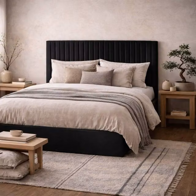 Wyld Haus Dublin Super King Ottoman Bed in Black Velvet with 6ft Tall Ribbed Headboard, W/D/H: 180 x 200 x 52.6 cm