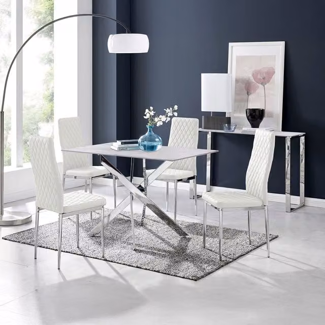 FurnitureboxUK Leonardo White Glass Marble Effect Dining Table with 4 Milan Chairs in White and Silver