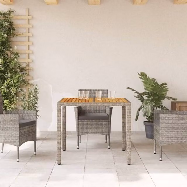 Berkfield Home Grey Poly Rattan Garden Table with Oiled Acacia Wood Top, W/D/H: 90 x 90 x 75 cm