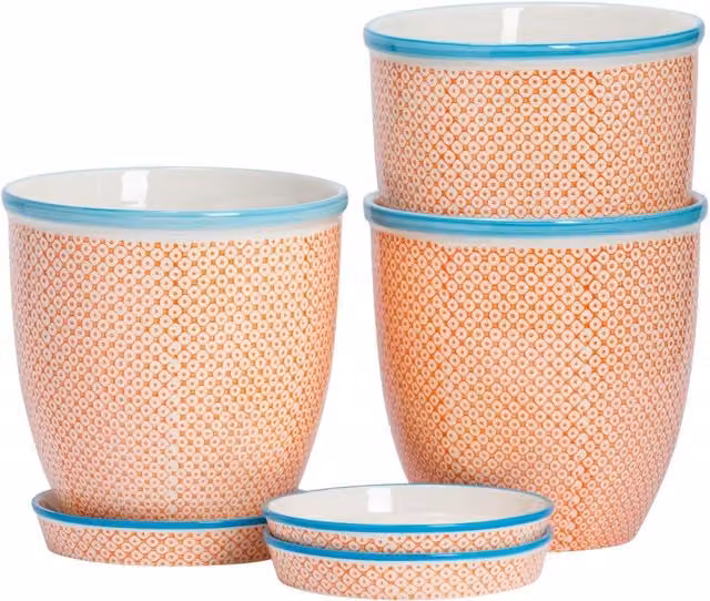 Nicola Spring Hand-Printed Ceramic Plant Pots with Saucers, Orange, Pack of 3, Diameter: 20.5 cm – 1
