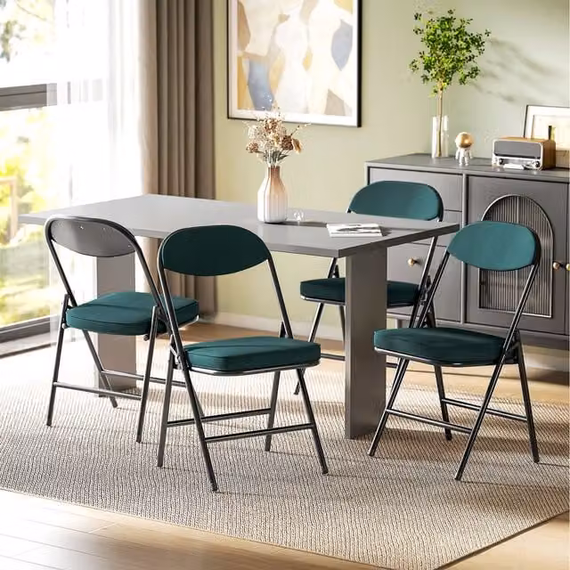 HOMCOM Set of 4 Blue Folding Chairs with Cushioned Fabric Seats and Steel Frame