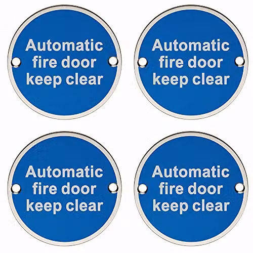 Loops 4 Pack Automatic Fire Door Keep Clear Plaques in Brushed Satin Stainless Steel, 7.6 cm Diameter – 1