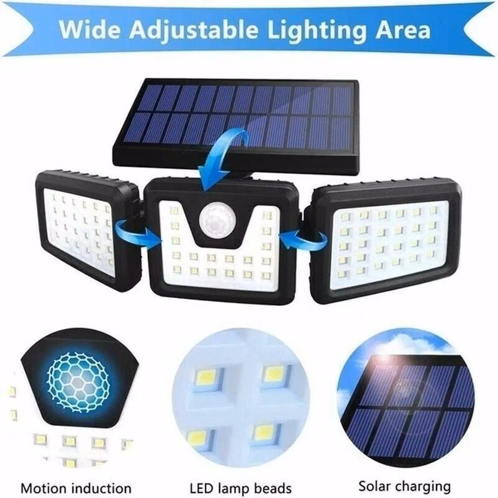 FLAVORA 3-Head 74 LED Solar Powered PIR Motion Sensor Wall Garden Floodlight in Black – 2