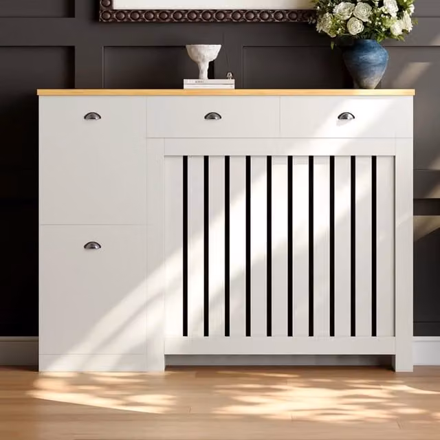 Temprazo Modern Striped MDF Wall Mounted Radiator Cover in Beige and Brown, Height: 12.5 cm