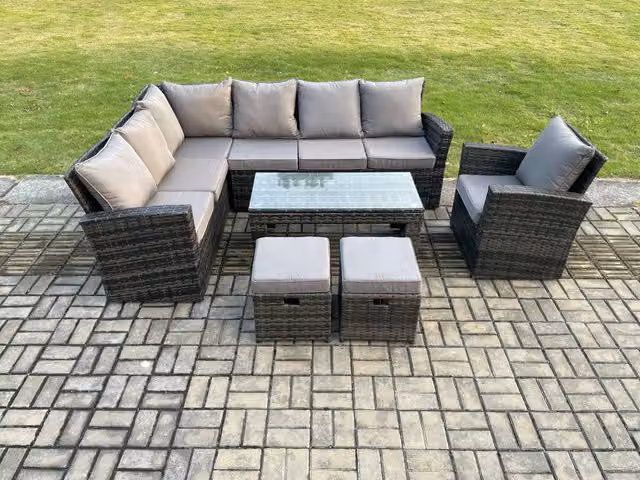 Fimous 9 Seat Rattan Garden Furniture Set with Corner Sofa, Coffee Table and 2 Ottomans in Dark Grey
