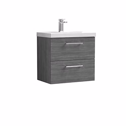 Balterley Wall Hung Bathroom Vanity Unit with Basin and 2 Soft Close Drawers, Woodgrain Anthracite, W: 61.0 cm, D: 39.0 cm, H: 57.9 cm – 1