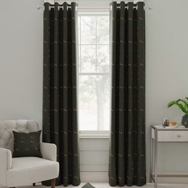 Sophie Allport Foxes Made to Measure Blackout Eyelet Curtains in Forest Green Cotton