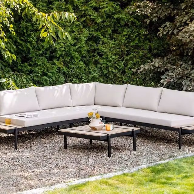 Wyld and Coco Off White Eucalyptus L Shaped Corner Sofa Set with Slatted Coffee Table and Cushions