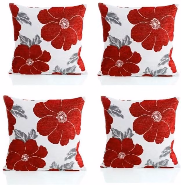 Luxor Living Poppy Chenille Cushion Set of 4 in Red, Floral Design, W/D/H: 45 x 45 x 45 cm