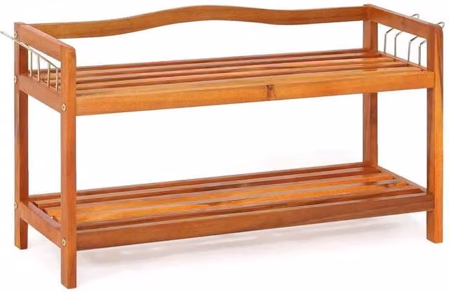 NESTLUNE 2-Tier Solid Acacia Wood Shoe Rack with Side Metal Hooks in Brown, W/D/H: 100 x 42 x 100 cm – 1