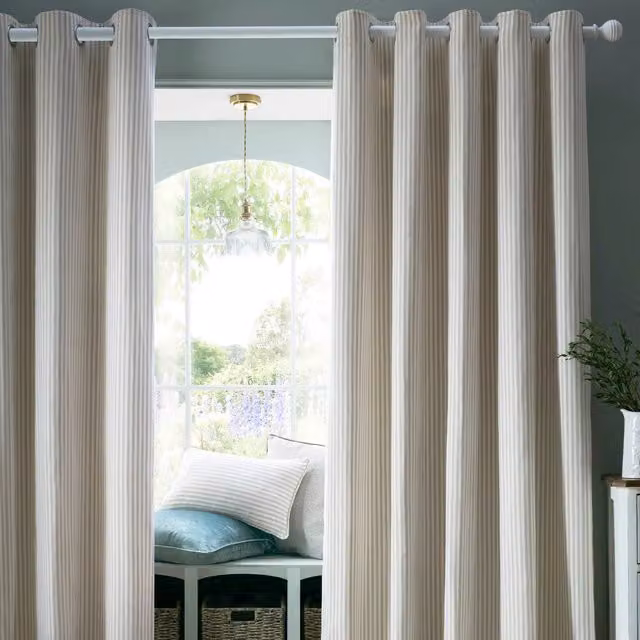 Laura Ashley Cornish Chenille Striped Eyelet Curtains in Beige