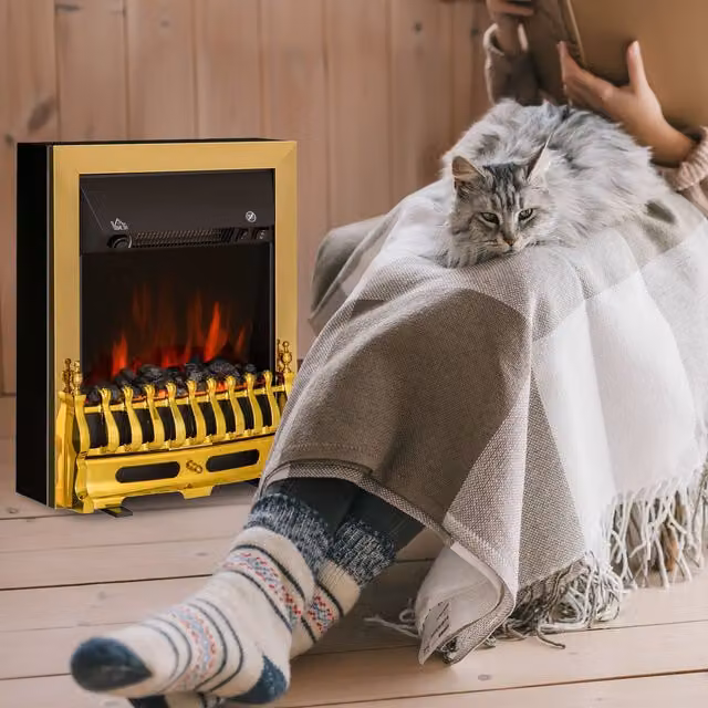 HOMCOM Electric Fireplace with LED Flame Effect Heater in Gold – 1