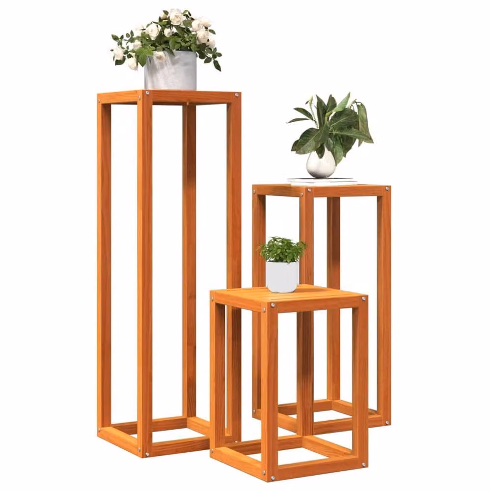 Berkfield Home Set of 3 Rustic Waxed Brown Solid Pine Wood Plant Stands – 3
