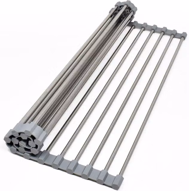 joeji's Kitchen Non-slip Roll Up Dish Drying Rack in Stainless Steel and Silicone, Silver/Grey, W: 43 cm, D: 35 cm – 1