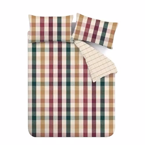 Catherine Lansfield Autumn Check Reversible King Duvet Cover and Pillowcase Set in Purple and Multicolour, Duvet Cover: 180 x 200 cm, Pillowcases: 50 x 75 cm – 4