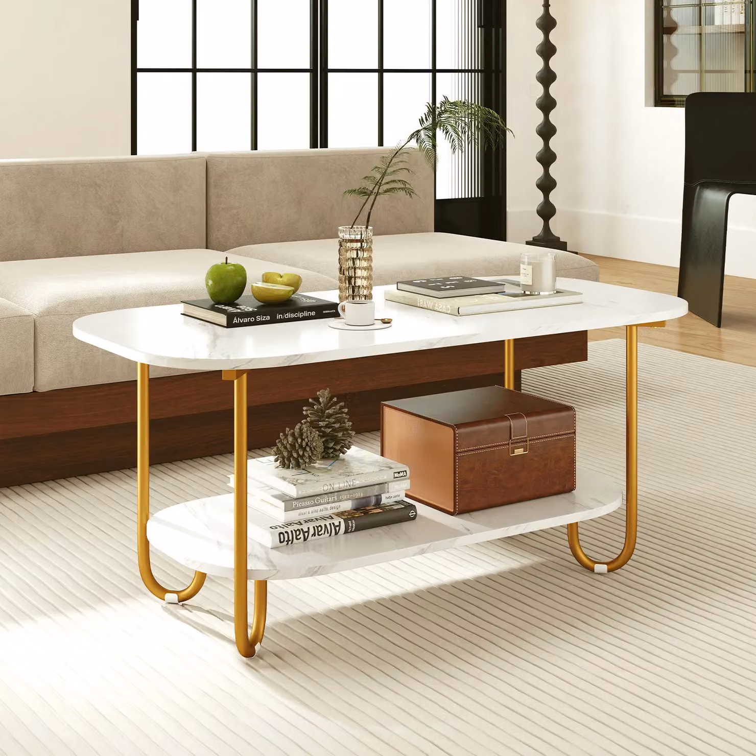 Costway Modern 2-Tier Faux Marble Top Coffee Table in White and Gold – 2