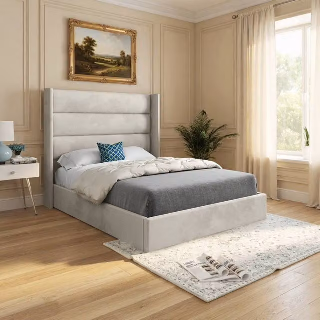 KDMD Yeovil Winged Upholstered Designer Bed Frame in Beige Soft Velvet, Size: Double (140 x 200 cm)