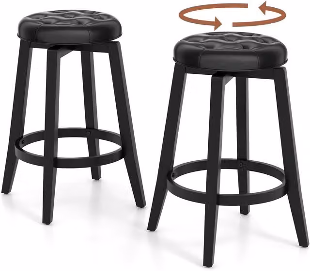 Costway Set of 2 Black Swivel 360 Bar Stools with Synthetic Leather and Rubberwood Legs