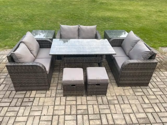 Fimous 8 Seater Outdoor Rattan Garden Furniture Set in Dark Grey with Rectangular Dining Table, Love Sofa, 2 Side Tables and 2 Footstools