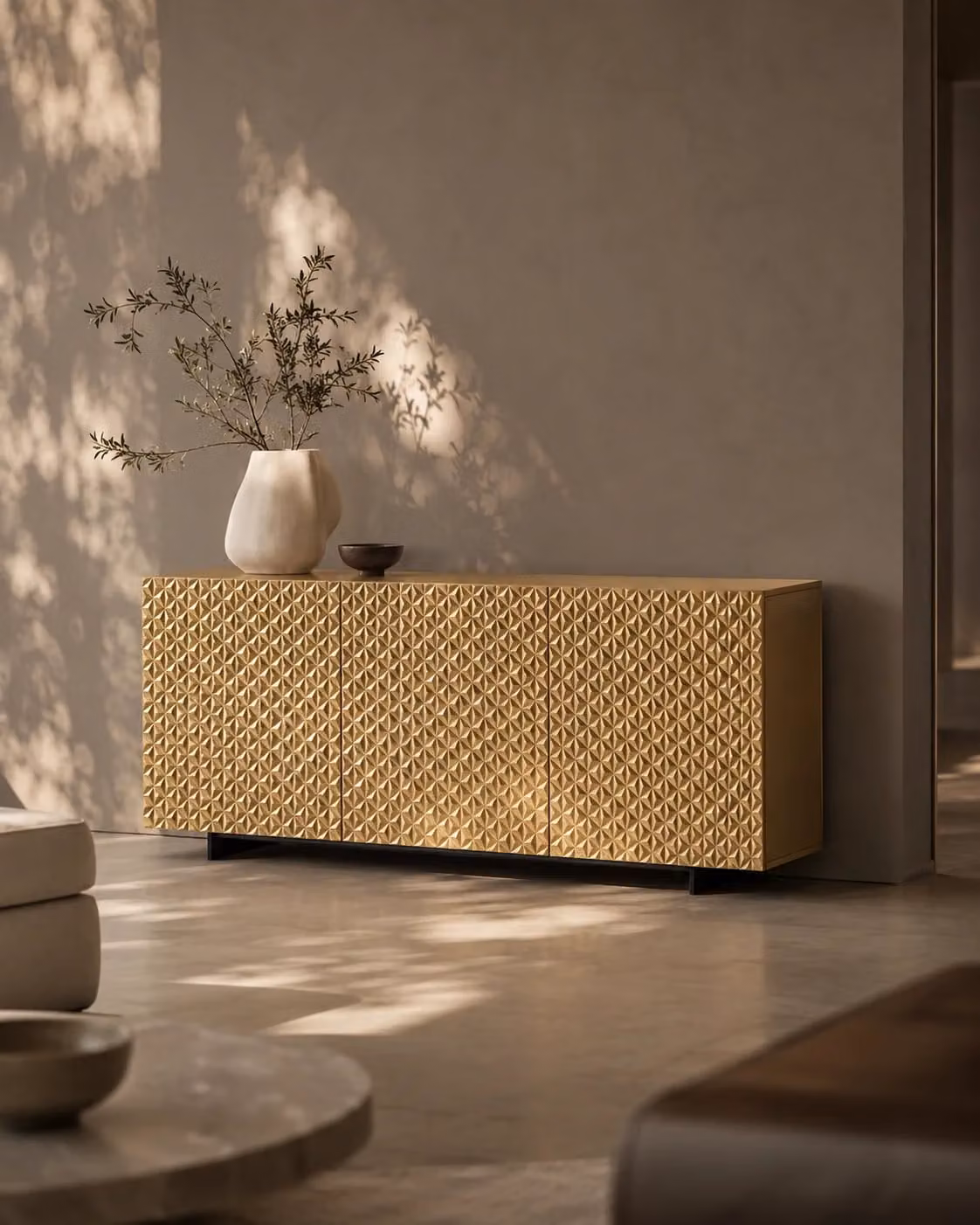 Tommy Franks Truman Buffet in Gold, Black and Yellow Metal with Geometric Modern Design, W: 180 cm, H: 76 cm, D: 49.5 cm