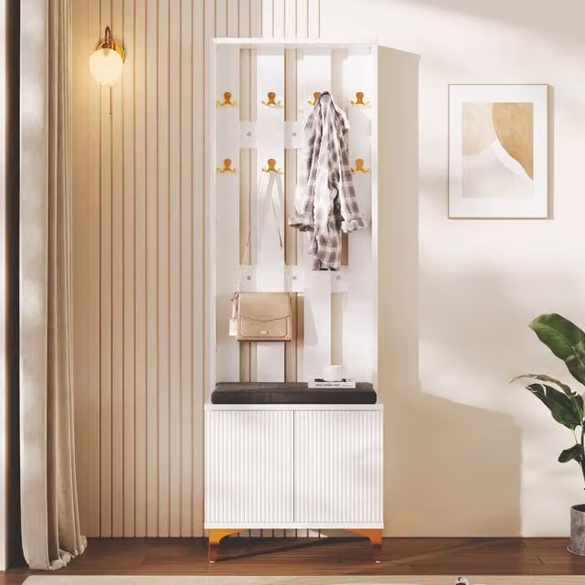 Aosom UK Modern White and Gold Wardrobe Set with Shoe Bench, Cushion and Adjustable Shelves, W: 35 cm, D: 35 cm, H: 60.5 cm