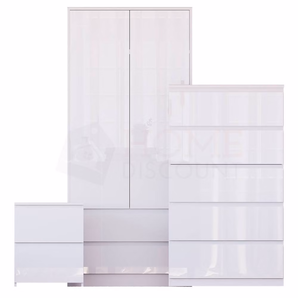 Vida Designs Glinton 3 Piece White Glossy Modern Bedroom Set Including 2 Bedside Tables, 5 Drawer Chest and Wardrobe – 2