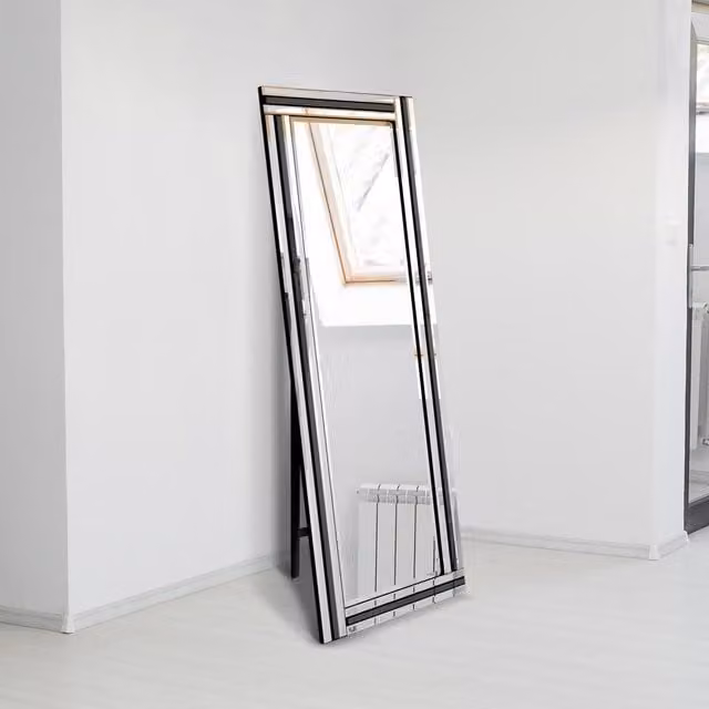 MirrorOutlet Black Triple Bevel Cheval Dress Mirror, Freestanding, W: 58.0 cm, H: 170.0 cm